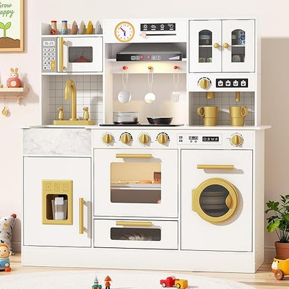 BIERUM Wooden Play Kitchen for Kids Ages 3-8 with Lights & Sounds, Pretend Play Kitchen Set with Stove, Ice Maker, Coffee Maker, Oven & Accessories, Toddler Kitchen Playset for Boys and Girls (White)