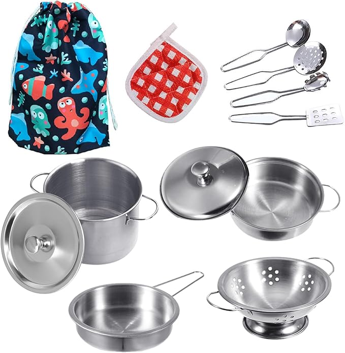 Tiny Cookware Utensils Pretend Play Kitchen Toys Stainless Steel Cooking Set Toys Montessori Kitchen Playset Kids Pots and Pans Playset,Play Kitchen Cooking Toys Kitchen Accessories for Kids Toddlers
