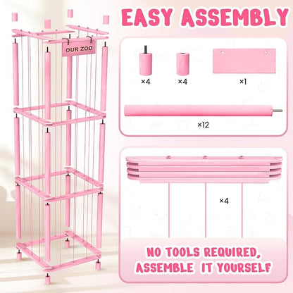 Woodure Stuffed Animal Storage & Organizer, Wooden Cute Zoo Toy Holder for Toddler Rooms, Playrooms & Bedrooms（Pink）