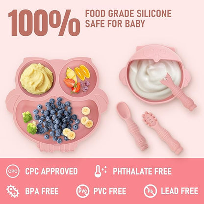 Baby Weaning Set, Silicone Baby Feeding Set(10 Pcs), Toddler Weaning Set with Adjustable Bib, Suction Bowl, Plate, Fork, Spoon, Water & Snack Cup Kit, Baby Led Weaning Kit for Babies and Kids