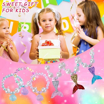 PinkSheep Mermaid Beaded Necklace Bracelets for Kids, Little Girl Mermaid Pearl Jewelry Sets, 6 Pack 12pc, Favors Bags for Party