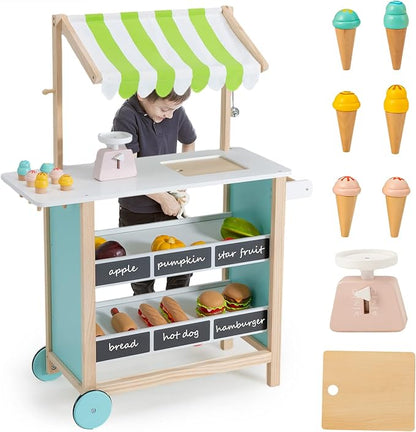 INFANS Wooden Grocery Store Marketplace Toy, Supermarket Pretend Play, Extra Storage 6 Ice Creams Scales Bells Chalkboards, Fun Indoor Farmer's Market Stand Set Gift for Ages 3+