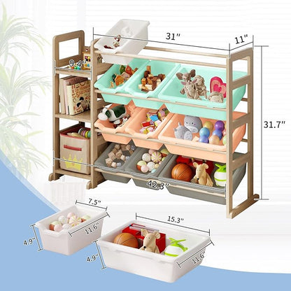 Toy Storage Organizer - Toy Organizers and Storage with Bookshelf, Toy Storage Shelf with 3 Shelves and 12 Storage Bins, Kids Bookshelf and Toy Storage for Kids Room, Playroom, Nursery, Multi color
