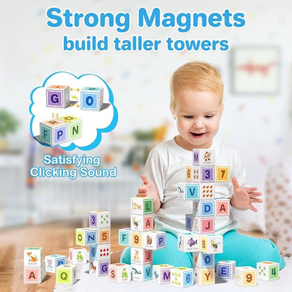 Magnetic Blocks ABC 123 Alphabet Colorful Printed, Building Blocks for Toddler 1-3, Magnet Cubes Sensory Toys, Preschool Early Learning Number,Letter,Animals,Education for Kids Age 1 2 3