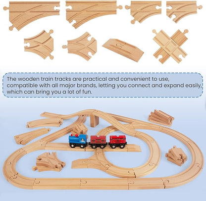 Wooden Train Tracks 58 Piece Set, Track Expansion and 9 Distinct Pieces - 100% Compatible with All Major Brands Including Thomas Wooden Railway System