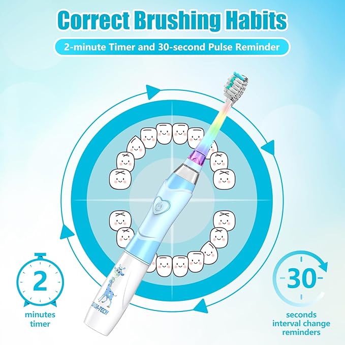 Kids Electric Toothbrush Toddler Toothbrush Age 2-4-8-12 Electric Toothbrush Kids with Timer Rainbow LED Light Up Vibrating Toothbrush Battery Operated Childrens Sonic Tooth Brush (Blue Giraffe)