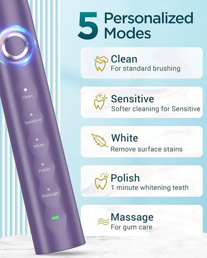 Rtauys S5 Sonic Electric Toothbrush for Adults with 8 Brush Heads, IPX7 Travel Electric Toothbrush with Travel Case, 2.5 Hours Charge for 120 Days, 5 Modes with 2 Minutes Built in Smart Timer Purple