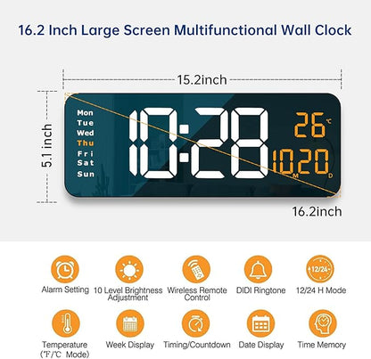 16.2" Large Digital Wall Clock with LED Display, Remote Control, Automatic Brightness Dimmer, Big Clock with Date, Week, Temperature, Orange