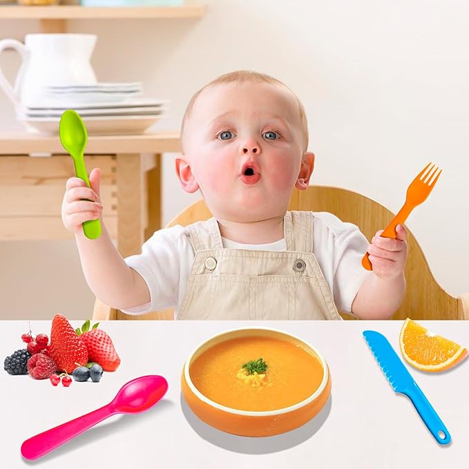 ChaLeeMoo12Pcs Plastic Kids Forks and Spoons Set, Reusable Toddler Utensils Assorted Colors Kids Silverware Set for School Lunch Box Camping Travel, Also for Adult to Use, BPA Free Dishwasher Safe