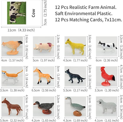 Farm Animal Toys with Flash Cards - 12 Sets of Realistic Animal Figures - Educational Learn Cognitive Toys & Animal Matching Game Playset for Toddlers Kids