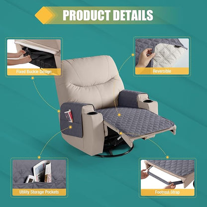 Ruaozz Waterproof Recliner Chair Covers Non Slip Chair Covers Recliner Seat Cover with Arms Washable Recliner Covers for Reclining Chair with Pocket, Covers for Recliner Chair (Dark Grey, Small-22'')