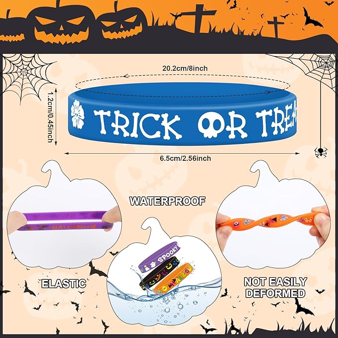 JUNEBRUSHS 120pcs Halloween Party Favors Silicone Bracelets Rubber Wristbands for Halloween Trick or Treat Party Kids Goodie Bag Stuffers Fillers Decorations Accessories Supplies(10 Designs)