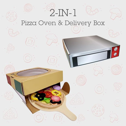 Hape Perfect Pizza Wooden Playset for Kids Kitchen| 2-in-1 Pizza Oven & Delivery Box| 29 PCs Pretend Play for Toddlers Ages 3 Years and Up