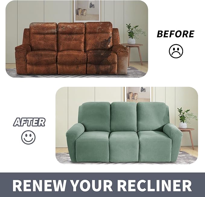 JIVINER Recliner Couch Cover, Jacquard 5 Piece Stretch Sofa Covers for 3 Cushion Reclining Lazy Boy Soft Washable Sofa Slipcovers Protector with Pockets (Recliner Sofa, Pea Green)