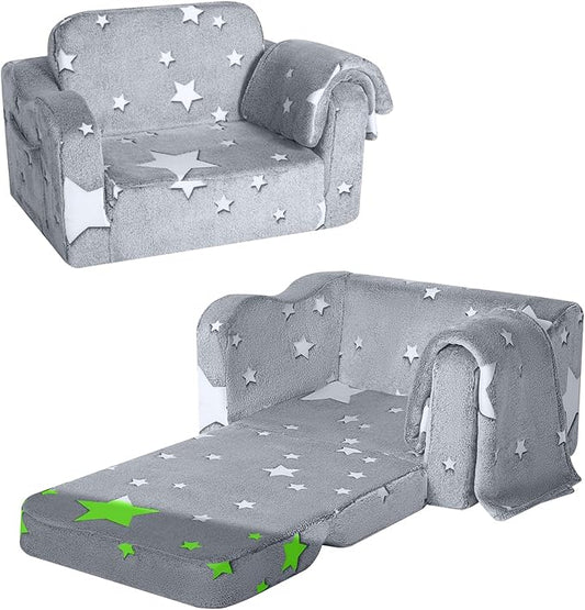 MeMoreCool Convertible Kids Sofa Chair with Blanket, Fold-Out Lounger for Playroom, Toddler Sofa for Girls and Boys (Glowing Star)