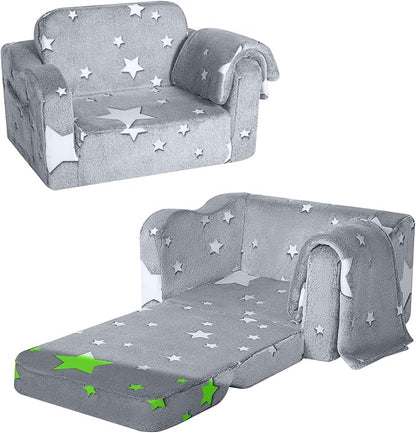 MeMoreCool Convertible Kids Sofa Chair with Blanket, Fold-Out Lounger for Playroom, Toddler Sofa for Girls and Boys (Glowing Star)