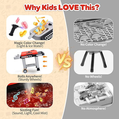 CUTE STONE Kids BBQ Grill Toys, Color Changing Play Food, Sizzling Sound & Light Effects, Cool Mist Spray, Pretend Cooking with Frying & Grilling, 2-Tier BBQ on Wheels - Kitchen Toy, Birthday Gift