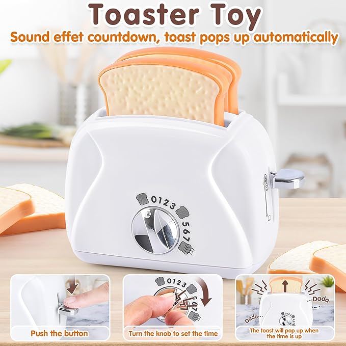 Play Kitchen Appliances Toys, Kids Kitchen Playset Accessories, Pretend Play Toy Sets with Coffee Maker, Mixer, Toaster with Realistic Lights & Sounds, Gifts for Boys Girls Toddlers Ages 3+, White