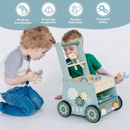 Beright Wooden Baby Push Walker, Wooden Baby Walker and Tool Toy for Toddlers, Kids Tool Bench, Baby Activity Center, Toddler Montessori Educational Toys, Green