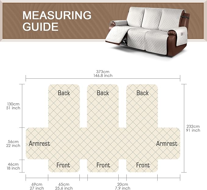 KinCam 100% Waterproof Recliner Sofa Covers, Non-Slip Reclining Couch Covers for 3 Seat, Recliner Couch Cover Furniture Protector with Elastic Straps for Pets, Kids, Beige White