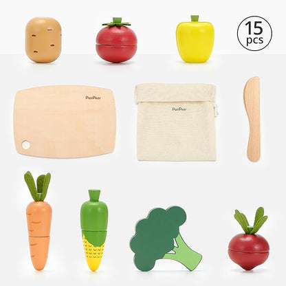 PairPear Wooden Toys Play Food Sets for Kids Kitchen, Kids Toy Food Cutting Vegetables Set for Toddlers 3+ Years Old, Pretend Food Play Kitchen Accessories for Girls and Boys
