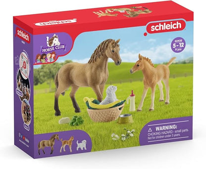 Schleich Horse Club Sarah's Baby Horse Animal Care Figurine Toy Set - Little Farm Animal Care Horse, Foal, and Puppy with Accessories Play Toy Set for Boys and Girls, Gift for Kids Age 5+