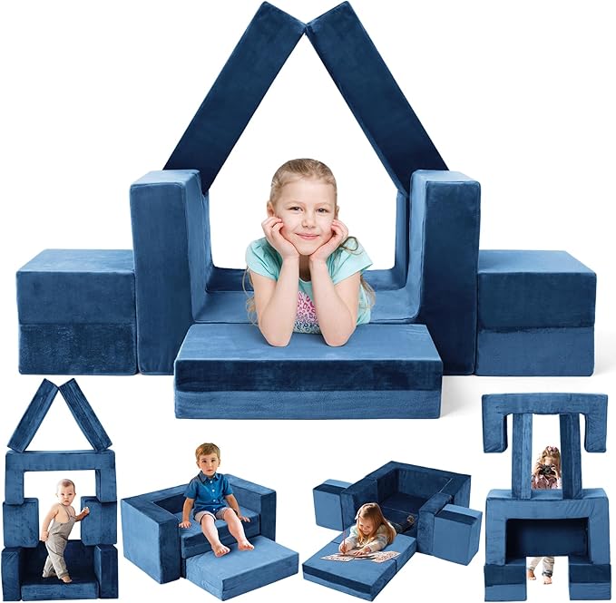 Kids Couch Sofa, 7 Pcs Modular Toddler Couch, Freely Removable Kids Chair Sofa for Playing, Creativity, Sleeping, Versatile Fold Out Baby Play Couch Set for Playroom, Bedroom Furniture