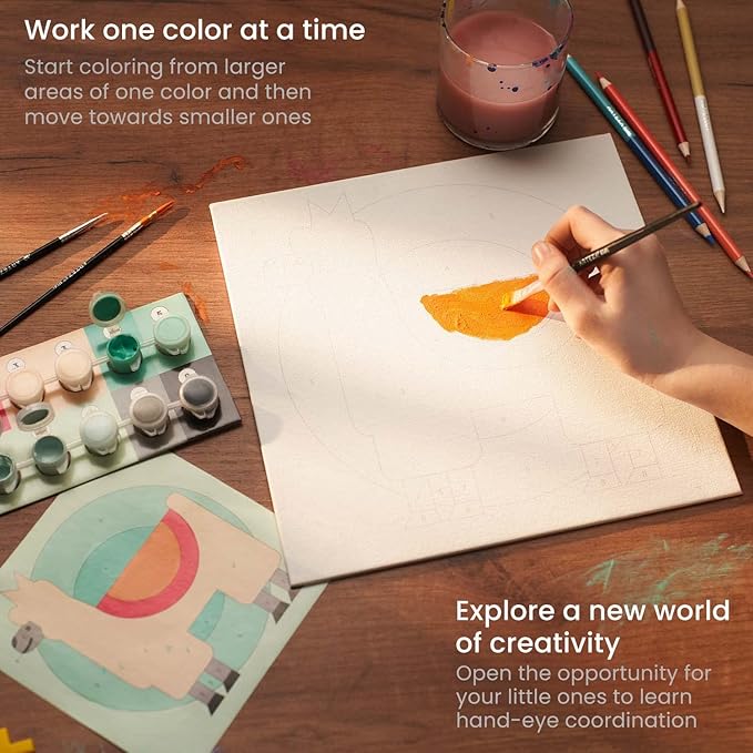 Arteza Kids Paint by Numbers Kit, 10 x 10 Inches, Pre-Printed Animal Canvas Painting Kit with 2 Canvases, 24 Acrylic Paint Pots, 3 Paintbrushes, Art Supplies for Developing Hand-Eye Coordination