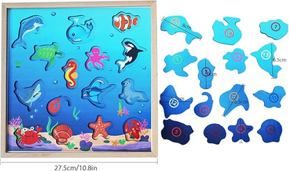 TOWO Wooden Fishing Game-Magnetic Fishing Puzzles with Numbers Jigsaw Puzzle- Sea Creatures Kids Fishing Game Educational Toys for 3 Years Old Math Toy Montessori Materials
