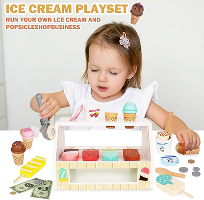 Ice Cream Counter Playset for Kids, Montessori Pretend Play Food Toys Kitchen Accessories Wooden Popsicle Set with Scoop & Fake Cash,Ice Cream Shop Toys Toddler Learning Toy for Kids