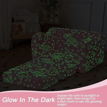MeMoreCool Folding Toddler Chair, Glow-in-The-Dark Soft Plush Kids Fold-Out Couch Sofa, Comfy Baby Recliner for Girls and Boys (Glowing Unicorn, Pink)