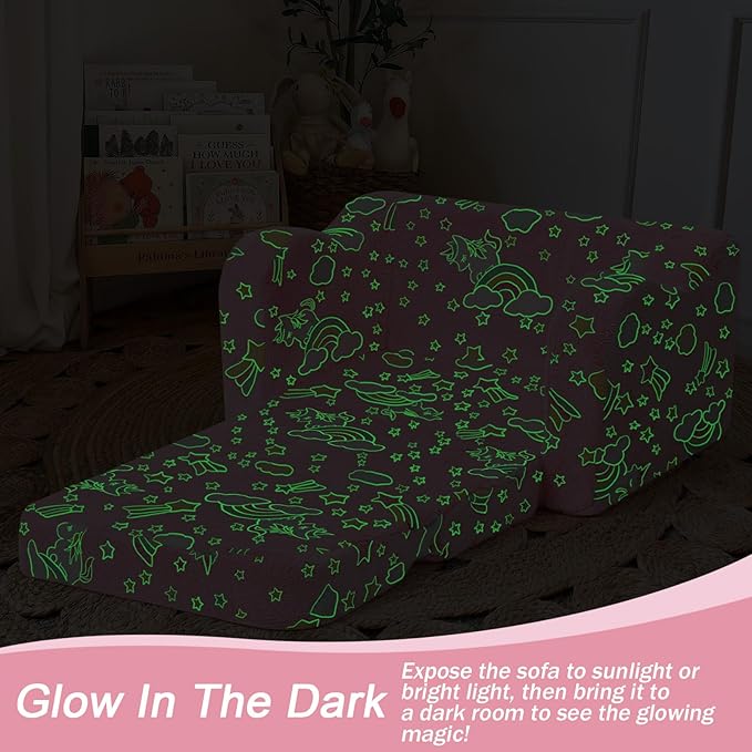 MeMoreCool Folding Toddler Chair, Glow-in-The-Dark Soft Plush Kids Fold-Out Couch Sofa, Comfy Baby Recliner for Girls and Boys (Glowing Unicorn, Pink)