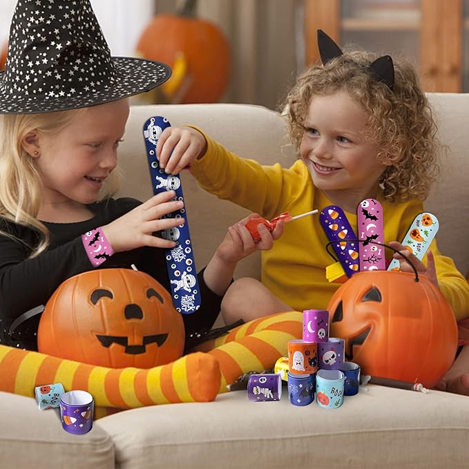LOMIMOS 48PCS Halloween Slap Bracelets,Snap Wristbands with Assorted Pumpkin Skeleton Bat Spider for Kids Trick or Treat Gift Bag Filler Party Favors