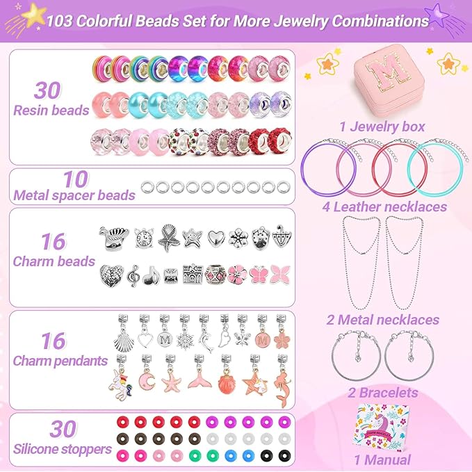 LifeisLuck Charm with Bracelet Making Kit, Jewelry Making Kit for Girls DIY Bead Necklace Kit with A to Z Bracelet Box Unicorns Crafts Arts Girls Toys Age 8-12 Birthday Gifts for Kids - M
