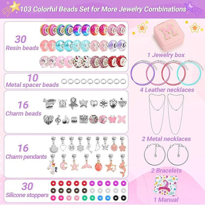 LifeisLuck Charm with Bracelet Making Kit, Jewelry Making Kit for Girls DIY Bead Necklace Kit with A to Z Bracelet Box Unicorns Crafts Arts Girls Toys Age 8-12 Birthday Gifts for Kids - M