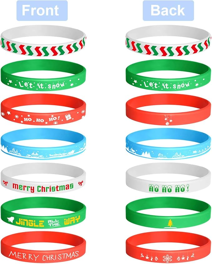 FEPITO 35 Pieces Christmas Wristband Silicone Wristbands Rubber Band for Christmas Party Decoration 7 Merry Xmas Patterns