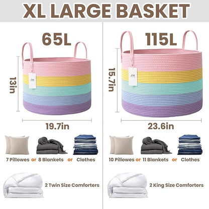 JMvicyroam 65L Extra Large Blanket Basket for Living Room - Woven Cotton Rope Laundry Hamper with Reinforced Handles - Storage Bin for Pillows, Comforters & Toys - Machine Washable,Rainbow