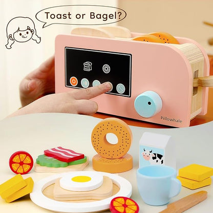 Toddler Kitchen Playset, Wooden Toy Toaster with Pretend Play Food Sets, 17Pcs Play Breakfast Playset Pop Up Toy, Play Toaster for Kids Boys and Girls Ages 3+