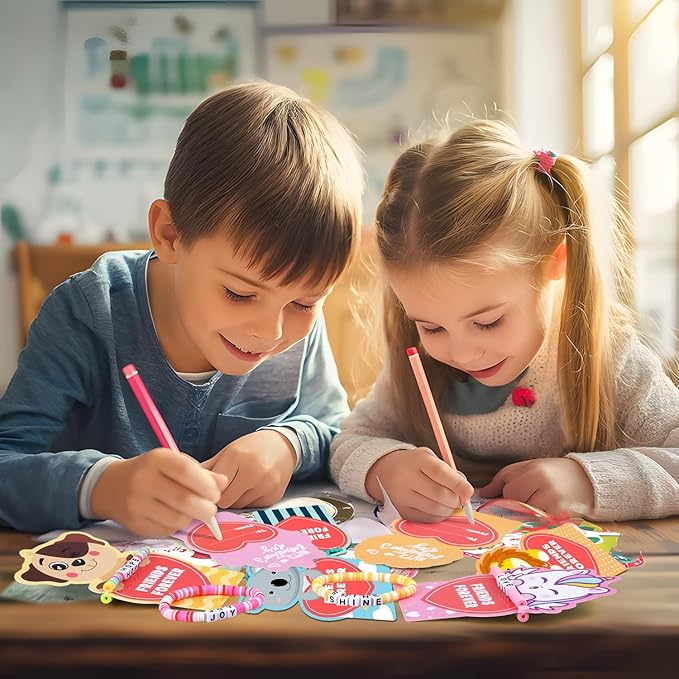 MOVINPE Valentines Day Cards for Girls Classroom Bulk, 24 Pack Friendship Bead Bracelets with Valentines Day Gift Cards, Classroom Prizes, Exchange Gift, Valentine’s Day Cards for Kids School