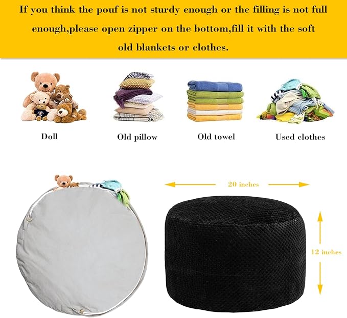 Asuprui Pouf Ottoman Stuffed Pouf Ottoman Foot Rest Stuffed Soft Foot Stool with Filler 20x20x12 Inches Fuzzy Chair Floor Chair Foot Rest with Storage for Living Room Bedroom Black Pouf with Filler