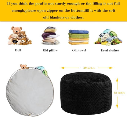 Asuprui Pouf Ottoman Stuffed Pouf Ottoman Foot Rest Stuffed Soft Foot Stool with Filler 20x20x12 Inches Fuzzy Chair Floor Chair Foot Rest with Storage for Living Room Bedroom Black Pouf with Filler