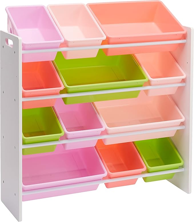 Amazon Basics Kids Toy Storage Organizer with 12 Plastic Bins, White Wood with Pink Bins, for Bedroom and Playroom, 33.85"D x 12.79"W x 35.42"H