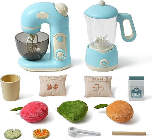 ROBOTIME Pretend Play Kitchen Appliances Toy Set, Toy Blender and Toy Mixer with Realistic Light and Sounds, Play Kitchen Accessories Set for Kids Ages 3+, Pretend Kitchen Toys for Boys and Girls