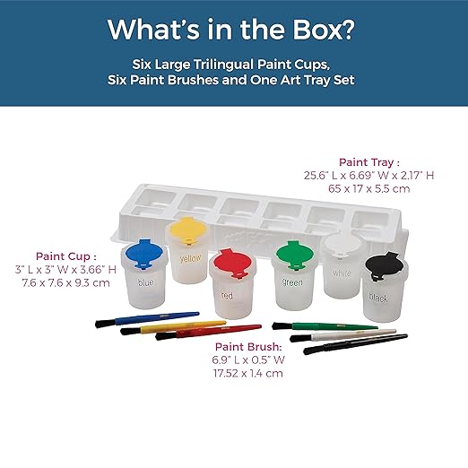 ECR4Kids Large Trilingual Paint Cups and Brushes, Art Set, Assorted, 13-Piece