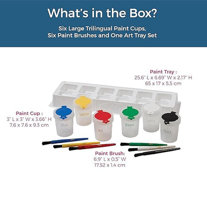 ECR4Kids Large Trilingual Paint Cups and Brushes, Art Set, Assorted, 13-Piece