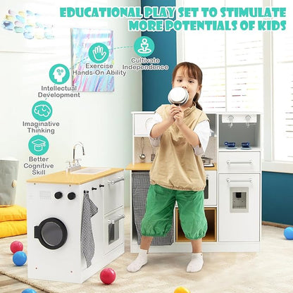 HONEY JOY Kids Kitchen Playset, 2-Piece Modular Wooden Corner Toy Kitchen Set/Washing Machine & Sink, Coffee Maker, Range Hood & Stove, Stool, Little Chef Pretend Play Kitchen for Toddlers, Natural