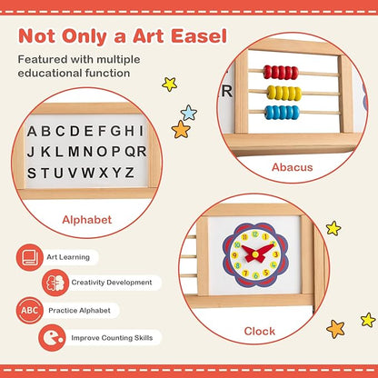 Costzon 3 in 1 Kids Art Easel, 360°Rotating Double-Sided Wood Easel w/Magnetic Whiteboard, Chalkboard & Paper Roll, Large Storage Tray, Alphabet Abacus, Standing Drawing Board for Toddlers Boys Girls