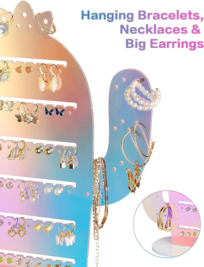 NiHome Cactus Iridescent Acrylic Earring Organizer, 11.2"x12.8", Earring Holder Organizer, Earring Stud Organizer, Plastic Clear Acrylic Earring Rack Holder Organizer for Girl Women
