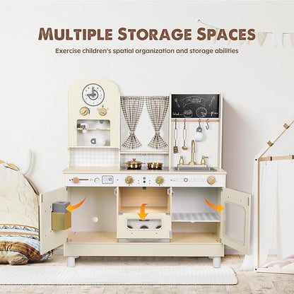Kids Kitchen playset, Wooden Play Kitchen, Height Adjustable, Comes with Various Kitchen Accessories, Ideal Role Play Toy Gift for Toddlers and Kids Ages 3-8 (White)
