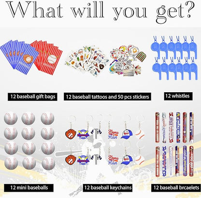 122 PCS Baseball Party Favors, Baseball Party Gifts with Mini Baseballs, Baseball Slap Bracelets, Key Chains, Whistles, Tattoos and Stickers, Baseball Birthday Decorations